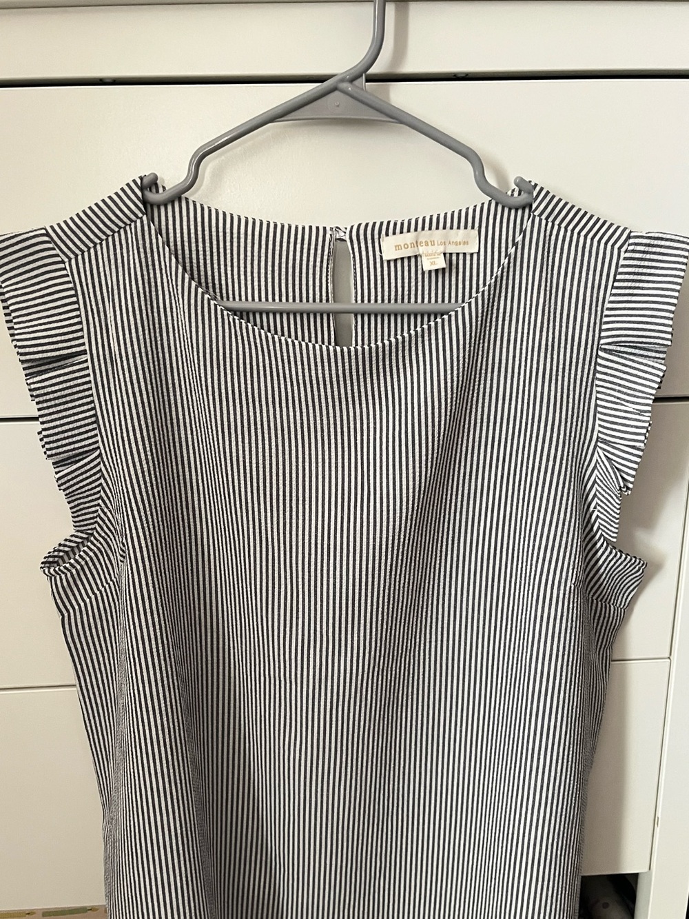 Monteau Black and White Striped Ruffle Sleeve Dress
